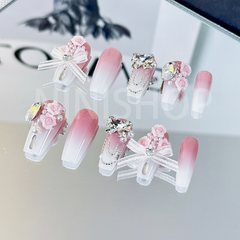 【1DN-C9090】Handmade Press-On Nails Flower lace bow