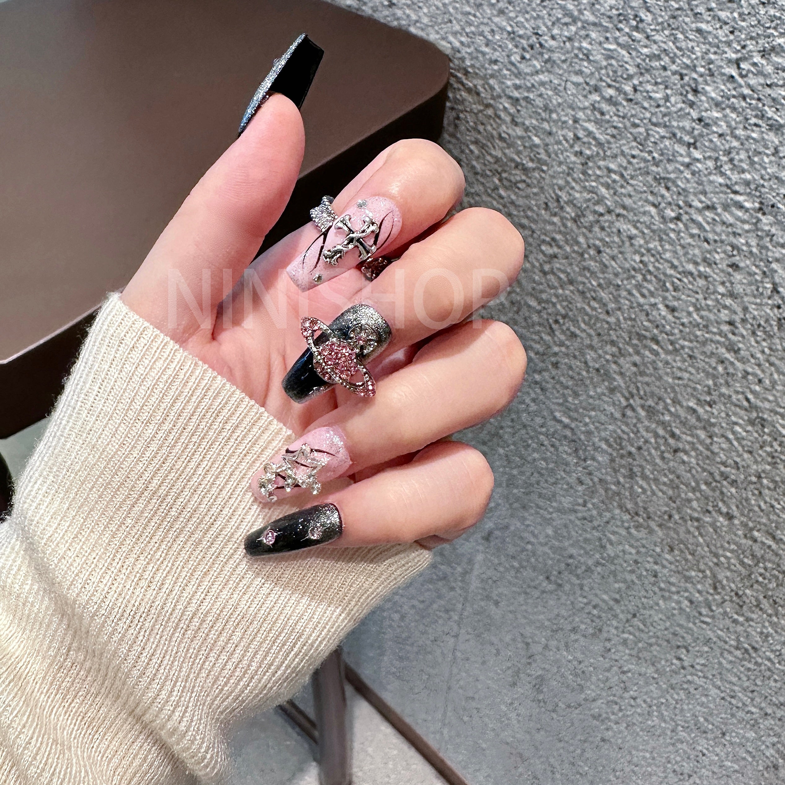 【1DH-9529】Handmade Press-On Nails Pink Planet